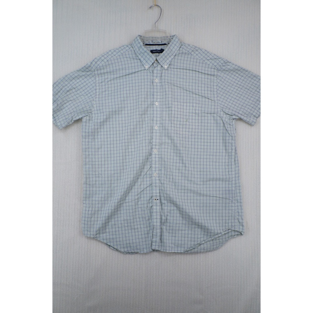 Nautica Shirt Mens Extra Large Green Blue Checked Button Up Down Short Sleeve